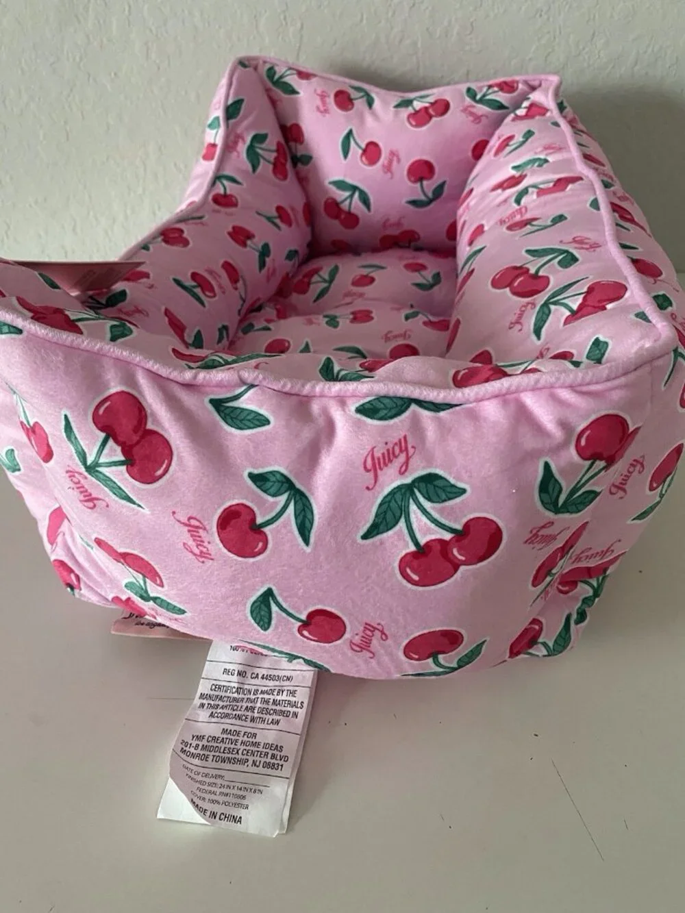 Juicy Couture Velour Cuddler Dog Pet Bed Cherries Cherry Pink 24” X 14” X 8” NEW